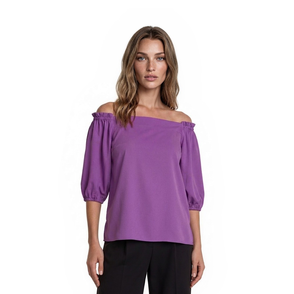 Boston Proper Peasant Top Womens Size Medium Purple Puff Sleeve Off Shoulder Y2K